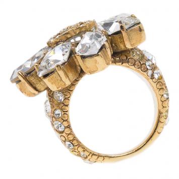 Pre Owned Chanel CC Flower Crystal Gold Tone Ring Size 54.5