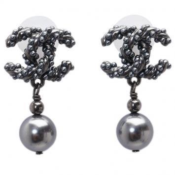 Pre Owned Chanel CC Big Faux Pearl Black Dangle Earrings