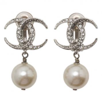 Pre Owned Chanel CC Moon Crystal Faux Pearl Dangle Earrings