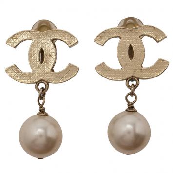 Pre Owned Chanel CC Large Faux Pearl Stud Dangle Earrings