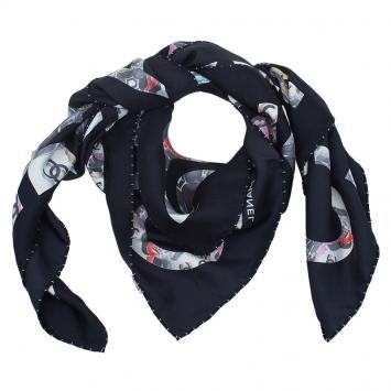 Pre Owned Chanel Black Multicolor Abstract Lady Print Square Scarf