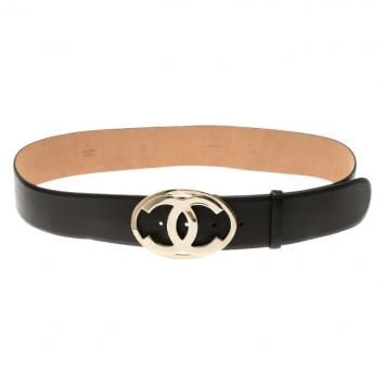 Pre Owned Chanel Black Leather CC Logo Buckle Wide Belt 90 CM