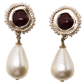 Pre Owned Chanel Burgundy Stone and Faux Pearl Gold Tone Dangle Earrings