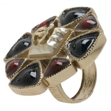 Pre Owned Chanel CC Gripoix Enamel Stone Gold Tone Ring Size 52.5
