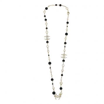 Pre Owned Chanel CC Crystals Faux Pearls and Black Beads Long Necklace