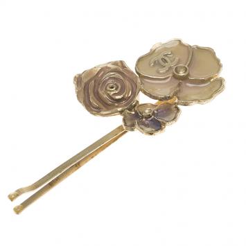 Pre Owned Chanel CC Camellia Enamel Gold Tone Hair Pin