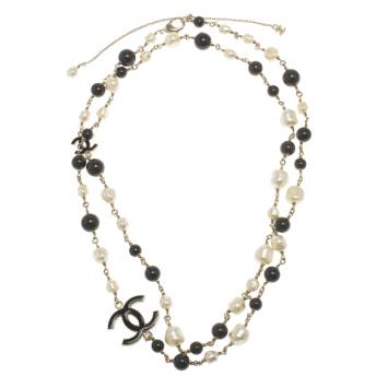 Pre Owned Chanel CC Faux Pearls Black Beads Long Gold Tone Necklace
