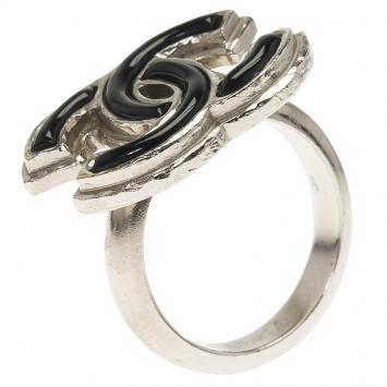 Pre Owned Chanel CC Black Enamel Silver Tone Metal Ring Size 55