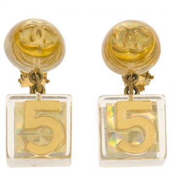 Pre Owned Chanel CC Vintage Holographic Cube No 5 Resin Gold Tone Metal Dangle Clip on Earrings
