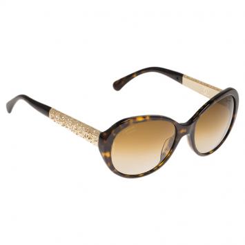 Pre Owned Chanel Tortoise Frame 5290 Embellished Oval Polarized Sunglasses