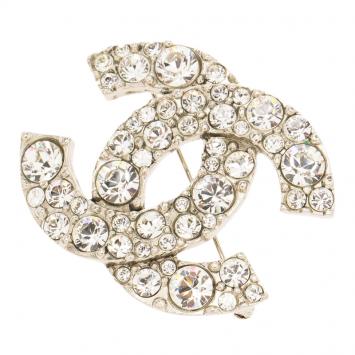 Pre Owned Chanel CC Crystals Silver Tone Medium Pin Brooch