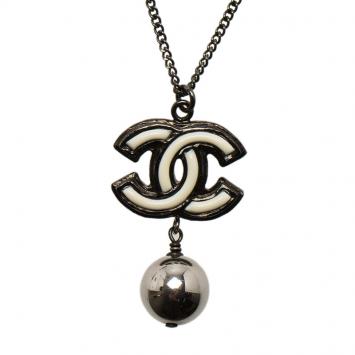 Pre Owned Chanel CC Black and White Metal Drop Pendant Necklace