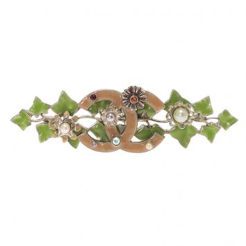 Pre Owned Chanel CC Ivy Leaves Enamel Faux Pearl Crystals Silver Tone Brooch