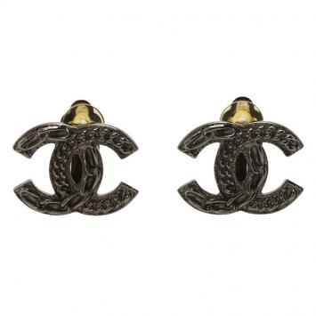 Pre Owned Chanel CC Chain Detailed Grey Tone Clip-on Stud Earrings