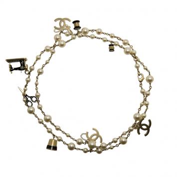 Pre Owned Chanel CC Faux Pearls Enamel Sewing Tool Charms Gold Tone Long Necklace