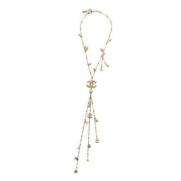 Pre Owned Chanel CC Faux Pearls Crystal Gold Tone Lariat Necklace