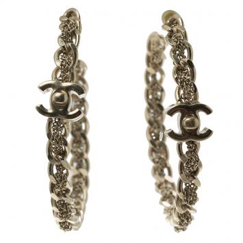 Pre Owned Chanel Chain Link Gold Tone Large Hoop Earrings