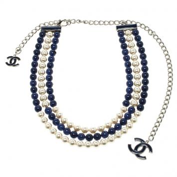 Pre Owned Chanel CC Blue Beads & Faux Pearl 3 Strand Silver Tone Necklace