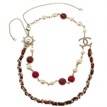 Pre Owned Chanel Red Beads Faux Pearls Gold-Tone Necklace