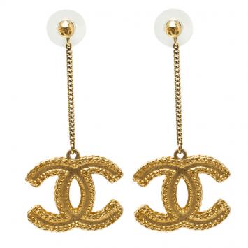Pre Owned Chanel CC Gold Tone Textured Long Earrings