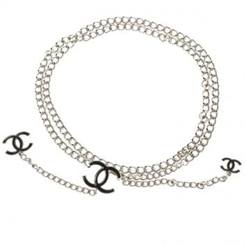 Pre Owned Chanel Black Enamel CC Silver Tone Chain Belt