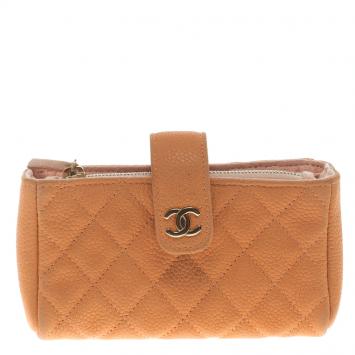 Pre Owned Chanel Peach Quilted Caviar Leather iPhone Pouch