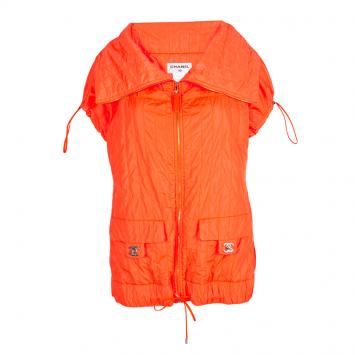 مملوكة مسبقًا Chanel Neon Orange Quilted Short Sleeve Zip Front Jacket L