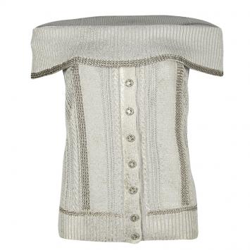 مملوكة مسبقًا Chanel Grey Metallic Knit Chain Detail off Shoulder Top M