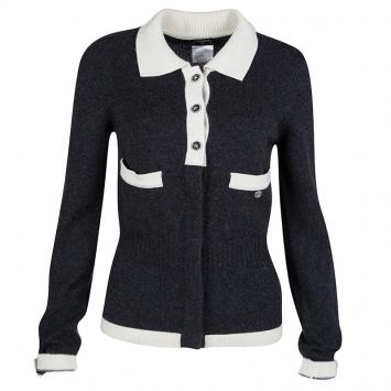 Pre Owned Chanel Grey Cashmere Contrast Trim Collared Cardigan S