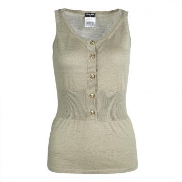Pre Owned Chanel Grey Lurex Knit Rib Trim Sleeveless Top M