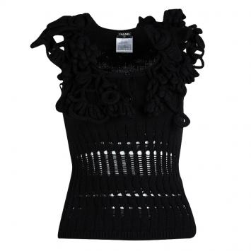 Pre Owned Chanel Black Perforated Wool Chunky Crochet Trim Sleeveless Top S