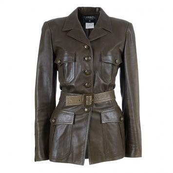 Pre Owned Chanel Brown Millitary Leather Jacket L