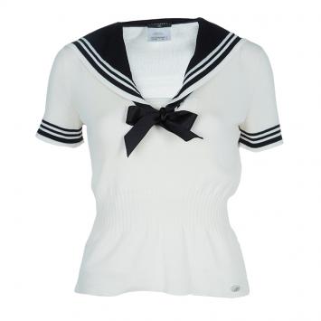 Pre Owned Chanel Monochrome Sailor Collar Ribbon-Tie Detail Knit Top M