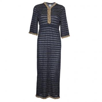 Pre Owned Chanel Blue Lurex Knit Beaded Edging Detail Bell Sleeve Maxi Dress S