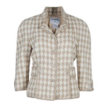 Pre Owned Chanel Beige and Cream Houndstooth Jacket L
