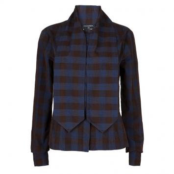 Pre Owned Chanel Brown and Blue Checked Cordurory Neck Tie Detail Long Sleeve Shirt M