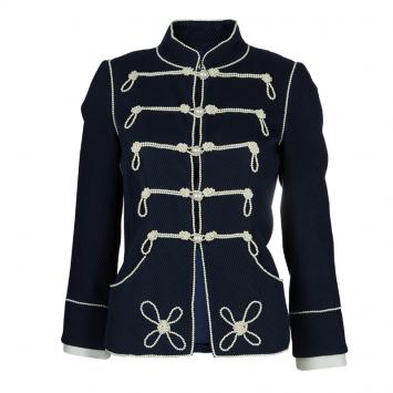 Pre Owned Chanel Navy Blue Pearl Embellished Jacket L