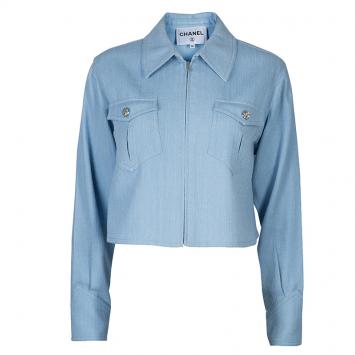 Pre Owned Chanel Powder Blue Textured Cotton Cropped Jacket M