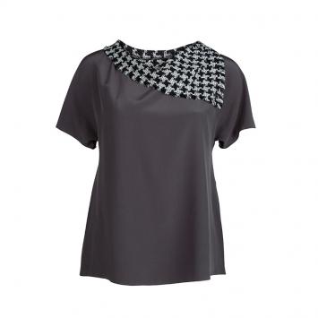Pre Owned Chanel Grey Silk Houndstooth Collar Detail Short Sleeve Blouse M