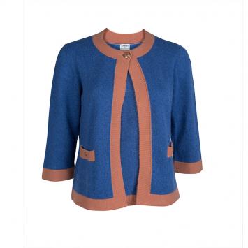 Pre Owned Chanel Blue Contrast Trim Cashmere Cardigan M