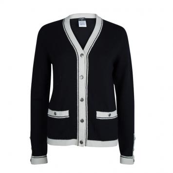 Pre Owned Chanel Black Contrast Trim Cashmere Cardigan M