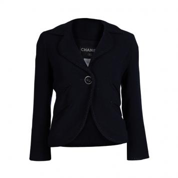 Pre Owned Chanel Navy Blue Textured Wool Jacket S