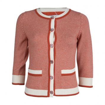 Pre Owned Chanel Orange and Cream Button Front Cashmere Cardigan S
