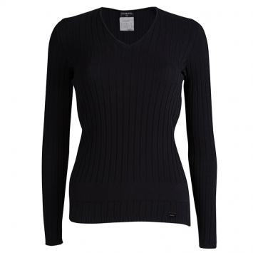 Pre Owned Chanel Black Cotton Ribbed Knit Sweater S