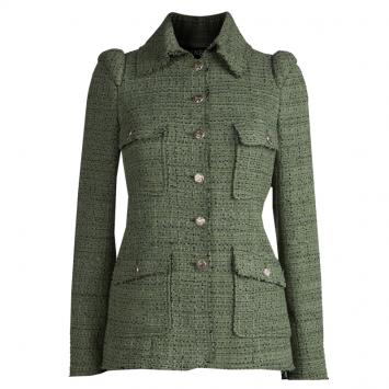 Pre Owned Chanel Olive Green Textured Tweed Jacket S