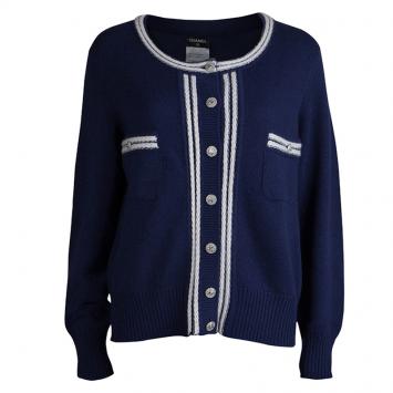 Pre Owned Chanel Navy Blue Cashmere Button Front Cardigan XL