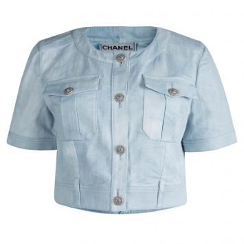 Pre Owned Chanel Indigo Light Wash Denim Cropped Short Sleeve Jacket L