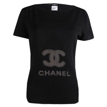 Pre Owned Chanel Black Rib Knit Logo Print Top L