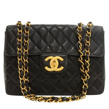 Pre Owned Chanel Black Quilted Lambskin Jumbo Classic Flap Bag