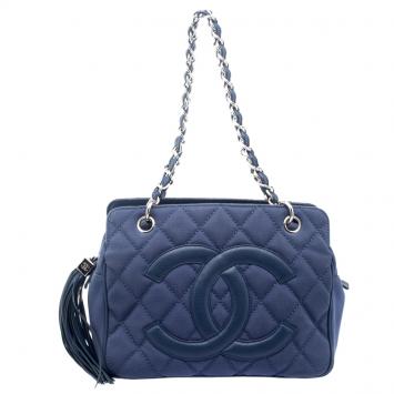 Pre Owned Chanel Blue Quilted Canvas Petite Timeless Shopper Tote
